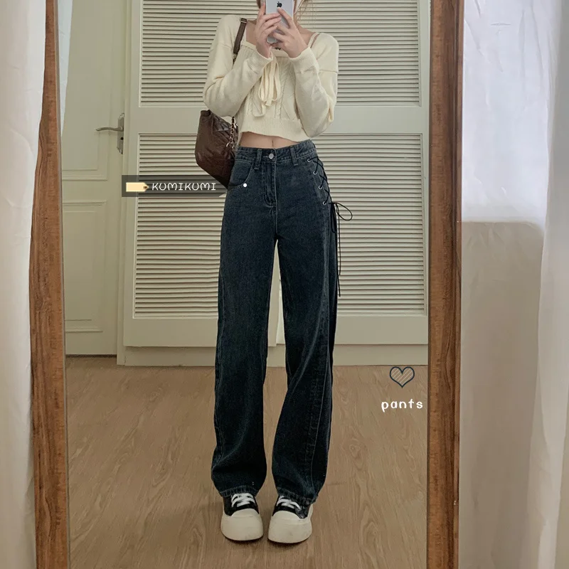 Джинсы с завышенной талией женские прямые свободные широкие брюки-трубы Осенние