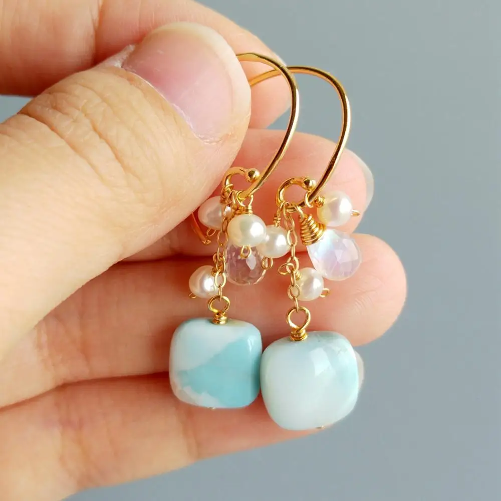 Lii Ji, натуральный квадратный лунный камень Larimar, Висячие бусины из пресноводного жемчуга, 925 пробы, серебро, 18 К, позолоченные серьги-капли ручной работы