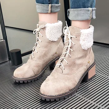 

Ankle Boots Women Warm Plush Snow Booties Winter Boot Lace Up Brand Designer Woman Fashion Shoes High Square Heels Boot
