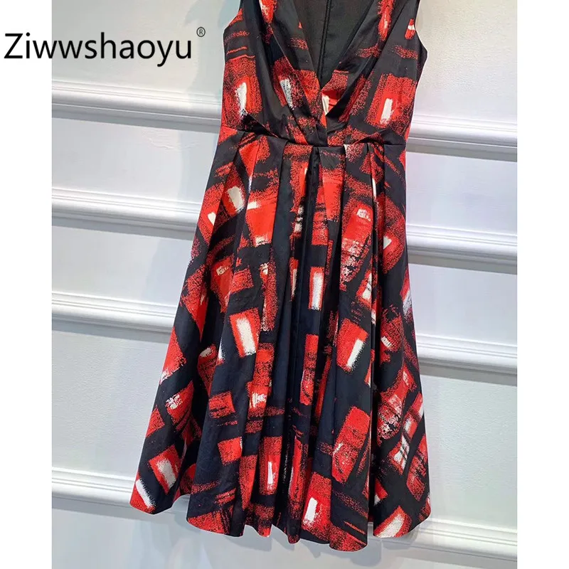 Ziwwshaoyu Red Printed Cotton Fashion Dress Women's Mesh Lining Designer Summer Sexy Party Knee-Length Dresses