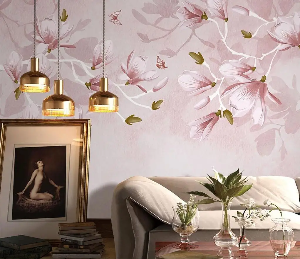 

Custom Hand painted pink magnolia flowers mural wallpaper wall papers home decor photo wall covering TV background wall painting