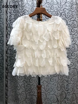 

Tops Fashion Designer Blouse Shirts Women Cascading Ruffle Leaves Patterns Short Sleeve Apricot Blue Tops Blouse Silk Cotton