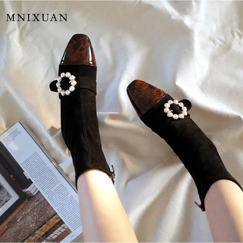 

MNIXUAN High quality Woman Shoes Luxury Ladies Boots 2019new patent leather block heels ankle boots Leopard Shoes Black Booties
