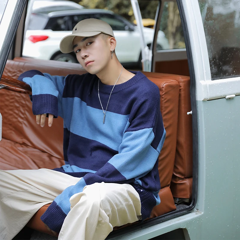 UYUK2019 Autumn Loose Casual Trend Knit Stitching Striped Round Neck Pullover Sweater Clothes Men Hombre Homme