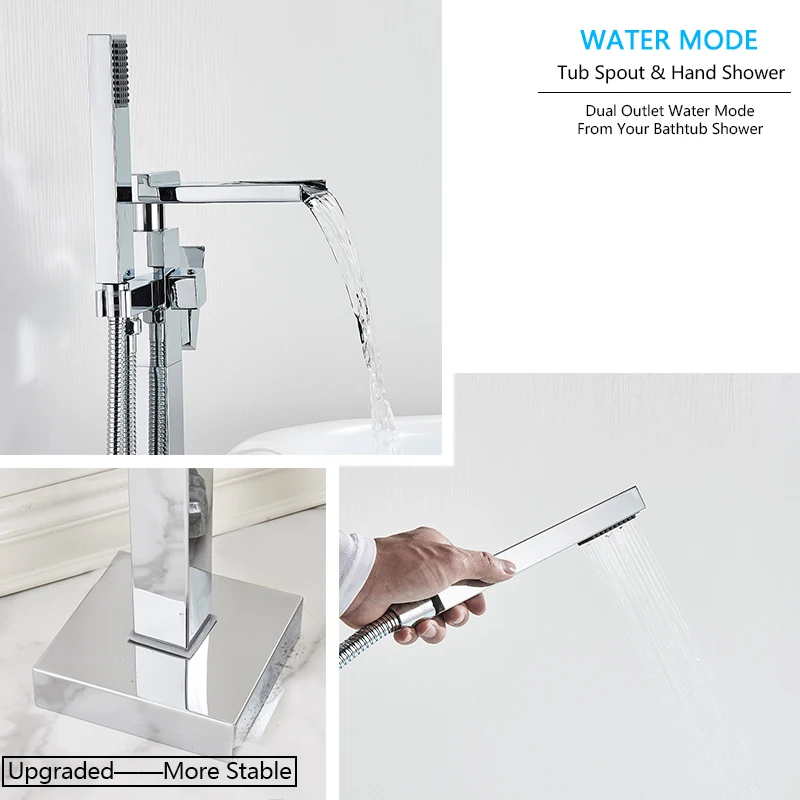 Chrome Bathtub Shower Faucet Bathroom Free Standing Tub Spout Faucets Floor Mounted Hot Cold Water Mixer Tap with Handshower