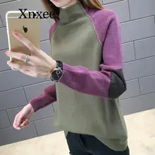 Wool sweater stitching multicolor Turtleneck autumn winter new women's turtleneck sweater loose Korean color matching long