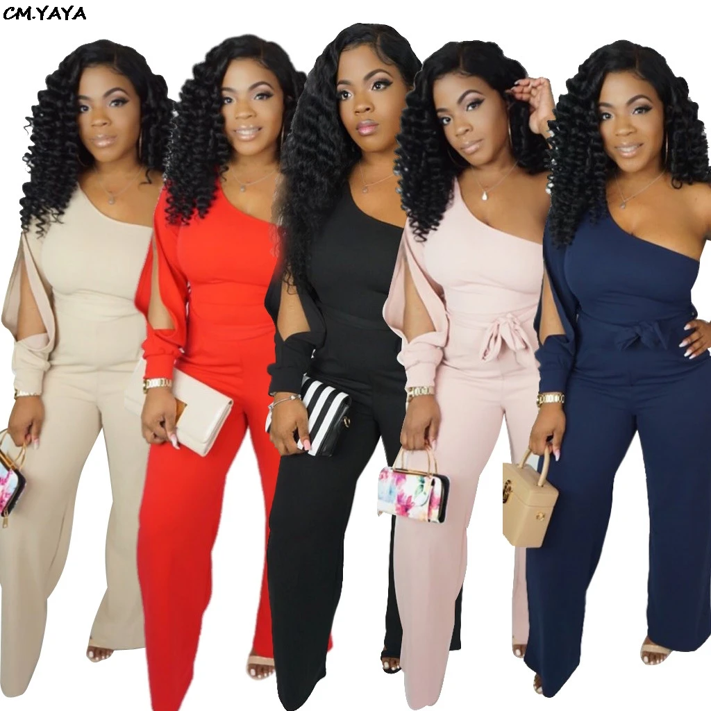 Женский прямой длинный комбинезон на одно плечо с вырезами и длинным рукавом