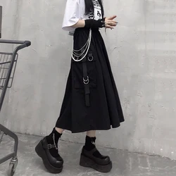 Gothic High Waist Cargo Skirts Woman Harajuku Loose A-line Pocket Midi Long Black Skirt Hip Hop Fashion Streetwear OverSize
