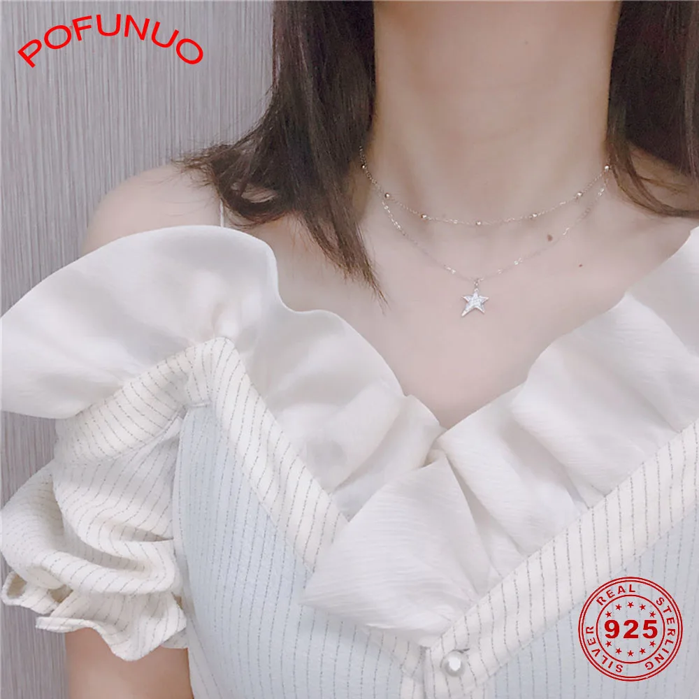 POFUNUO, 925 пробы, серебряное, простое ожерелье, для девочек, милые, двойные слоистые бусины, звезда, колье, ожерелье, для студентов, хорошее ювелирное изделие, серебро
