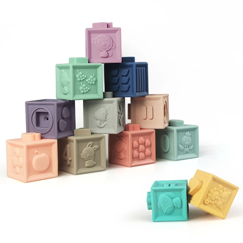 

6/12pcs Baby Massage Teether 3D Touch Hand Soft Rubber Vinyl Embossed Building Blocks Baby Grasp Squeeze Bath Toys