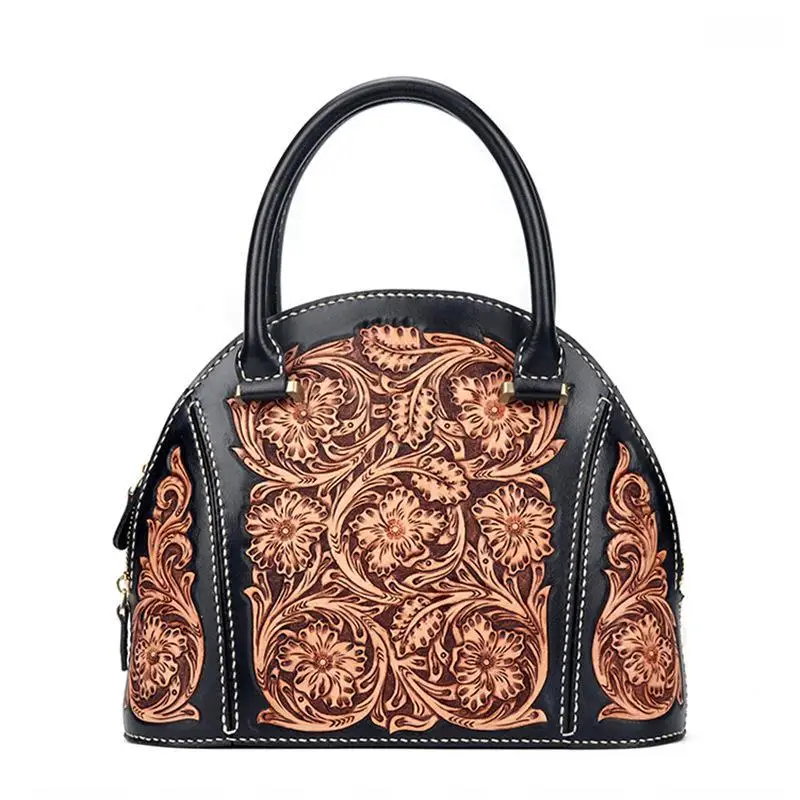 

Handmade Genuine Leather Carving Tote Bag Luxury Handbags Women Bags Designer 2021 New Retro Cowhide Shell Bag Bolsa Feminina