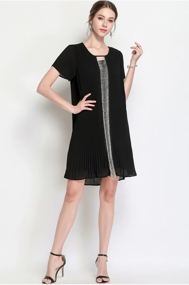 Летнее платье с драпировкой, женская одежда, черное платье с круглым вырезом и коротким рукавом, высококачественное модное платье размера плюс 5XL 4XL 3XL 2XL XL L M
