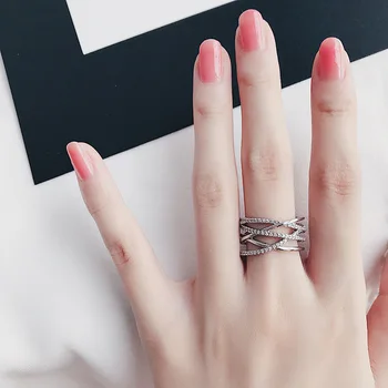 

New 925 Sterling Silver Large Crystal Layer Chains Rings for Women Adjustable Size Rings Fashion Wedding Jewelry Anillos Mujer