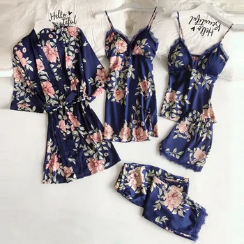

Women Satin Wedding Sleepwear Suit Spring Lace Trim Pajama Pyjama Set Print Floral Nightwear Casual Home Wear Lingerie Suit