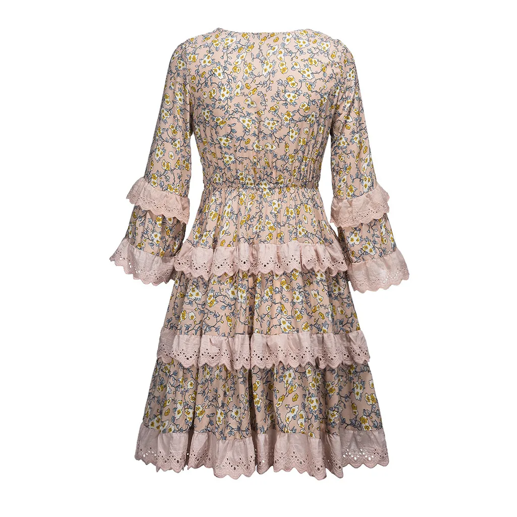 Bohemian Ruffle Dress Women Boho Floral Print V-Neck Casual Long Sleeeve Ruffle Beach Dresses Woman Party Night Mini Dress#B