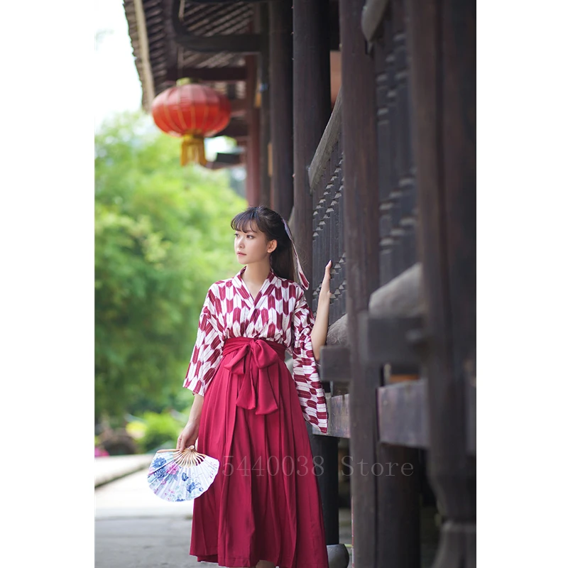 Red Long Set Японское традиционное модное кимоно платье для женщин с флагом кальмара Haori Ретро восточные вечерние фотографии костюм - Цвет: Red Long Set
