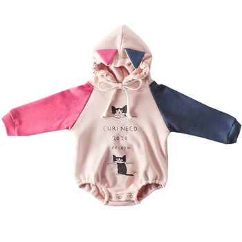 

2019 Winter Twins Baby Clothes Baby Bodysuits Korean plus Velvet Hooded Cotton One-Pieces Cartoon Cat Print Baby Girls Clothing