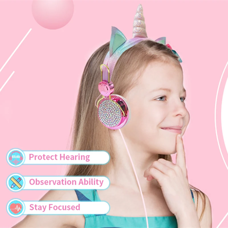 Cute Unicorn Headphone Kids Colorful Diamond Phone Headphones Girl Fone Gamer Earphones With Mic For Live Stream Youtube Video