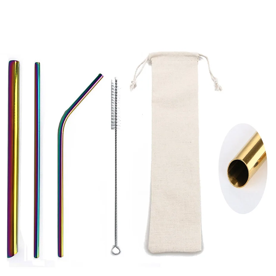 

5pcs Colorful Stainless Steel Drinking Straws Reusable Metal Pointed Bubble Tea Straws Tubule Cleaner Brush with Pouch Bag Set