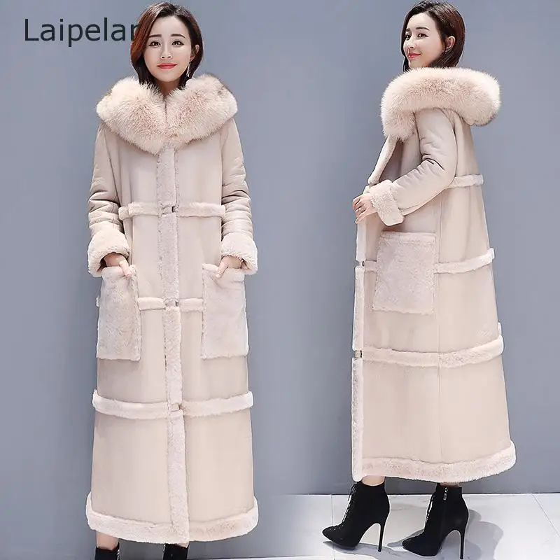 Winter Lamb Fur Coat Women  Fur Collar Faux Leather Thick Warm Long Coat Elegant Metal Magnetic Buttons Coat 2020 New
