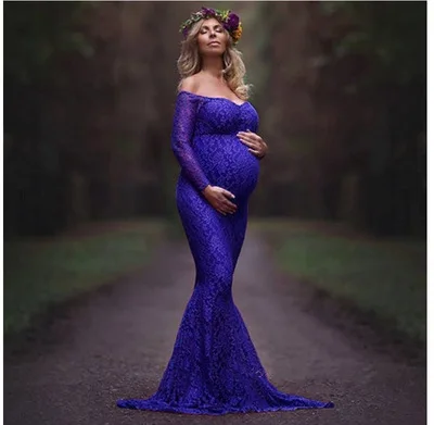 

Pregnant WOMEN'S Photoshoot Portrait Lace Dress Horizontal Neck He Telescope Pregnant WOMEN'S Photo Shoot Maxi Dress