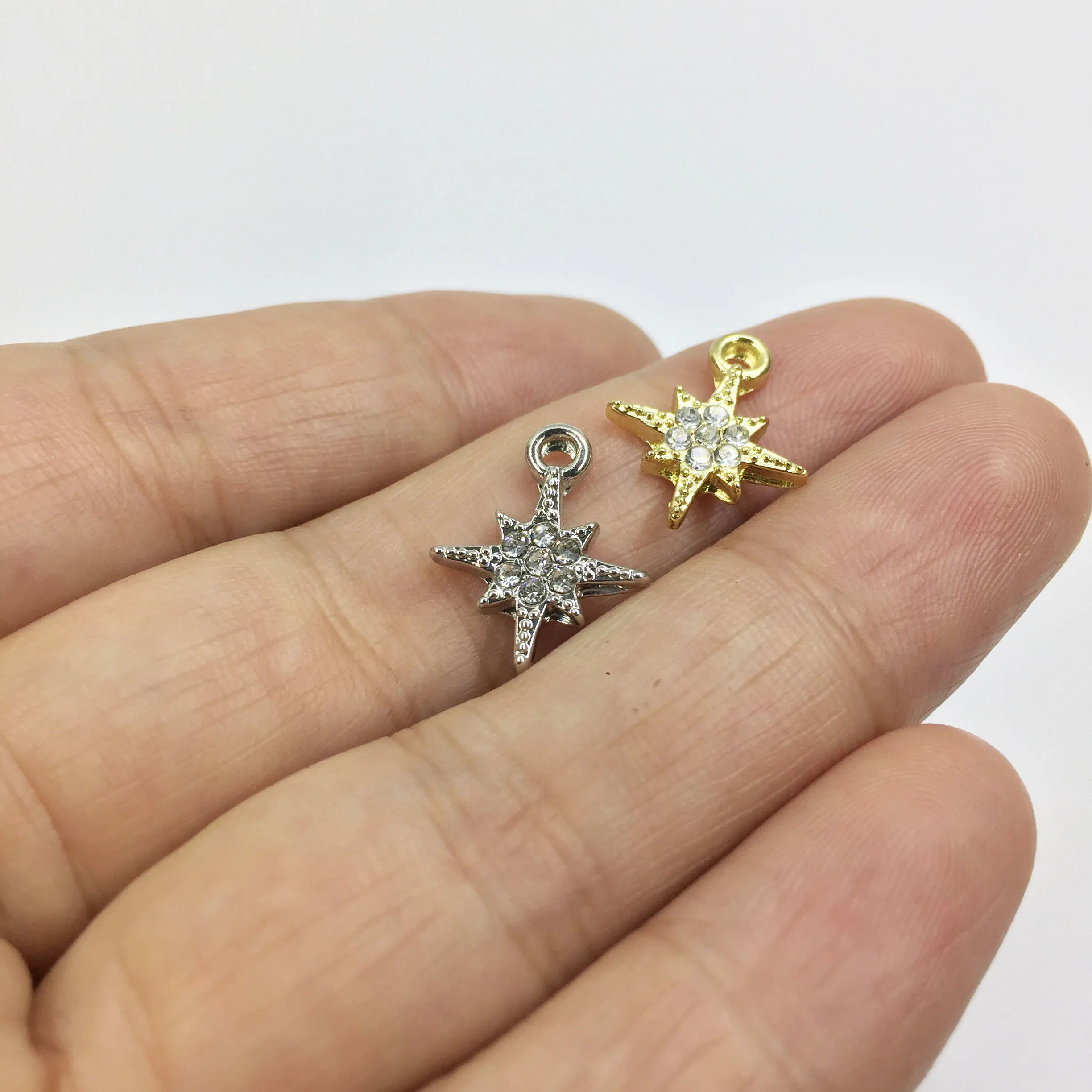 Eruifa 라인석 스타 골드 실버 도금 아연 합금 참 펜던트, DIY 목걸이 팔찌 귀걸이, 2 가지 색상, 10mm, 10 개