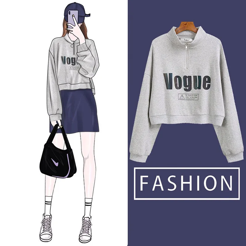 

Half zipper letter sweater women's fashion ins loose Korean Edition autumn 2020 new Pullover long sleeve short top hoodies