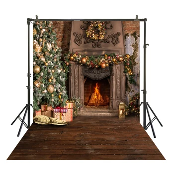 

HuaYi Photography beautiful castle chrismas tree wooden floor decoration background backdrops chrismas party backdrops W-3806