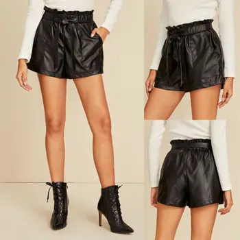 

Elastic High Waist Loose PU Leather Shorts Women England Style Bands Wide Leg Shorts Leather Ladies Casual shorts Autumn Winter