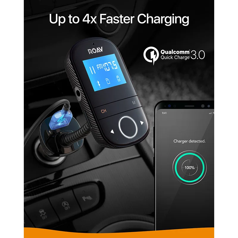 Anker Roav SmartCharge F3 беспроводной Bluetooth 4,2 fm-передатчик для автомобиля, аудио адаптер и приемник автомобильный комплект, 1,44 дюймовый дисплей