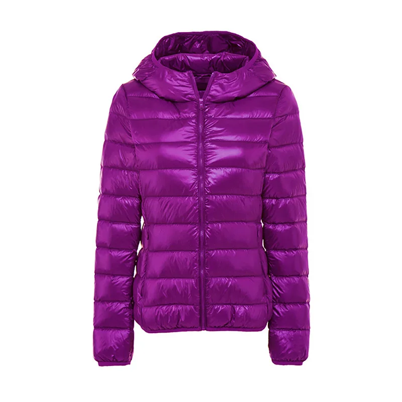 Purple Осенне-зимняя женская куртка повседневная Ультра Легкая белая пуховая куртка на утином меху теплые тонкие женские черные куртки парка с капюшоном - Цвет: Purple