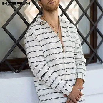 

INCERUN Fashion Korean Style Men Shirt Striped Breathable Lapel Long Sleeve Handsome Tops Camisa Chic Casual Shirts Men 2020 5XL