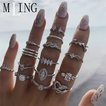 

MLING 15Pcs/Set Newest Crystal Ring Vintage Leaves Water Drop Heart Geometric Rings Set for Women