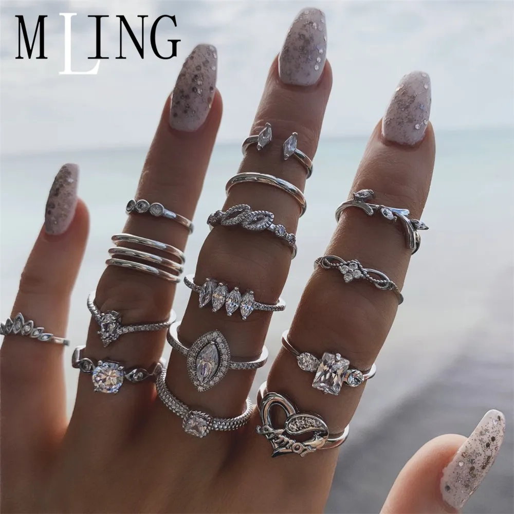 

MLING 15Pcs/Set Newest Silver Crystal Ring Vintage Leaves Water Drop Heart Geometric Rings Set for Women