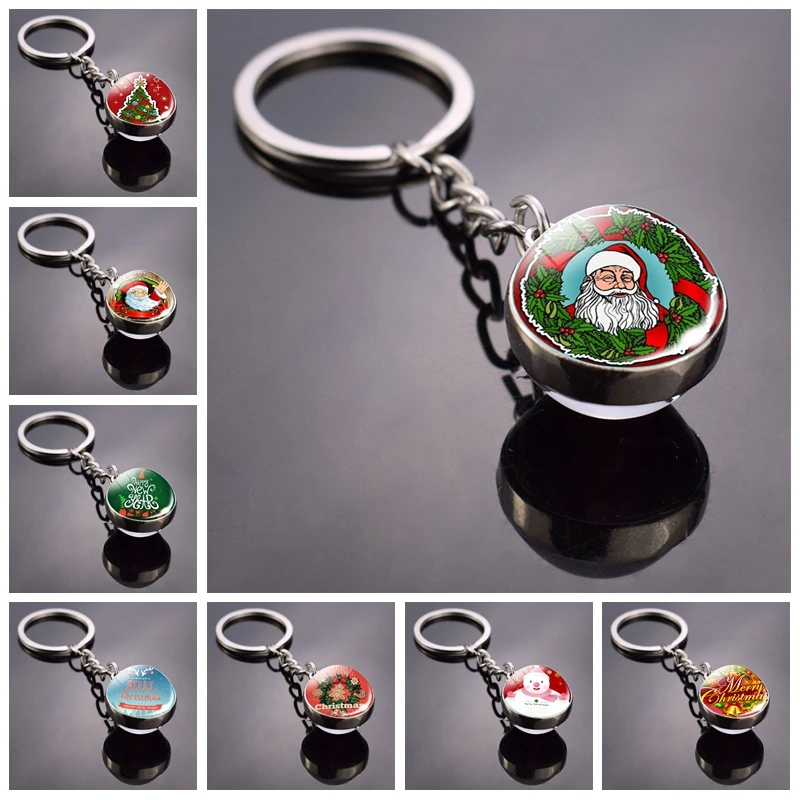 

Merry Christmas Keychain Cartoon Santa Claus and Christmas Tree Picture Glass Ball Key Chain Christmas Gift for Kid Dropshipping