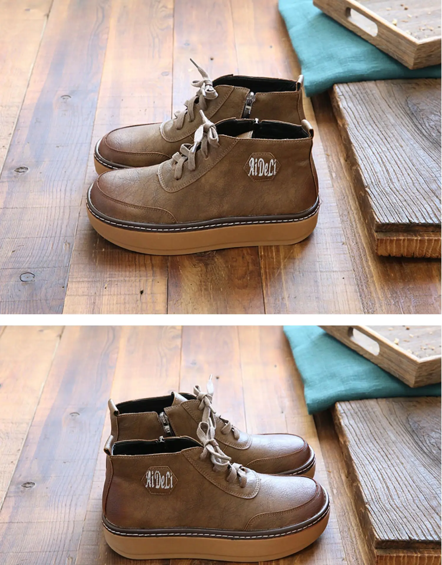 Women's Art RETRO Leather, Round Head Lace, Zipper Boots, Handmade Comfort Soft Bottom Casual Short Boots Fur Warm Women's Shoes