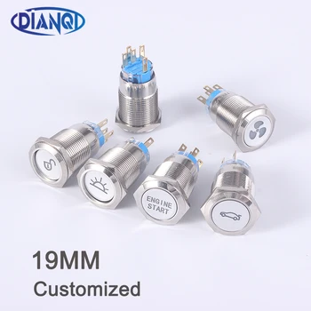 

19mm Customization button metal Brass rhodium plating push button switch ring lamp flat round latching/Momentary fans light