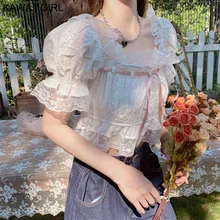 

2022 New Y2k Women Sexy Shirt Lace Ruffle Puff Short Sleeve Off Strapless Slash Neck Crop Tops Kawaii Girl White Chiffon Blouse