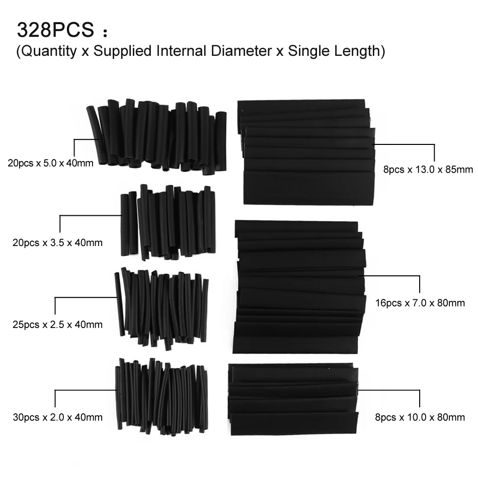 127pcs Heat Shrink Tubing 7.28m 2:1 Black Tube Car Cable Sleeving Assortment Wrap Wire Kit with Polyolefin Tube