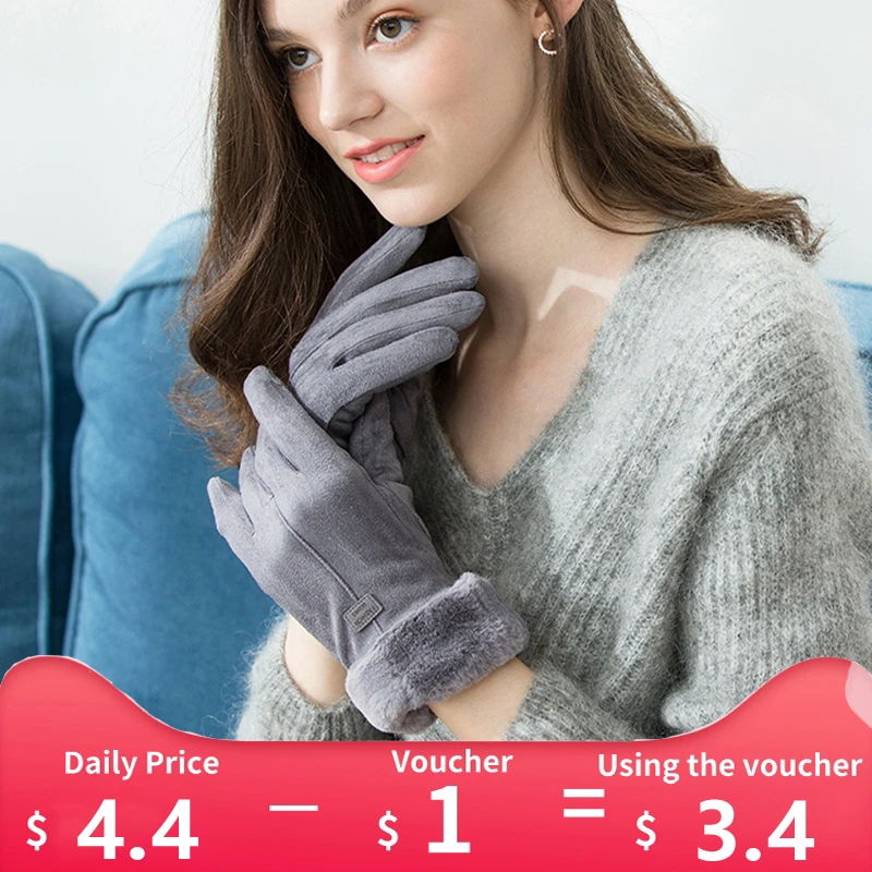 

Winter Gloves For Women Touch Screen Lady Suede Warm Plush Inside Finger Gloves Female Winter Elegant Soft Black Mittens Gloves