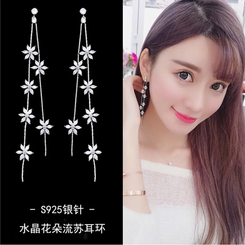 

S925 silver needle women's earrings long crystal earrings flower tassel earrings simple snowflake earrings 2021 trend jewelry