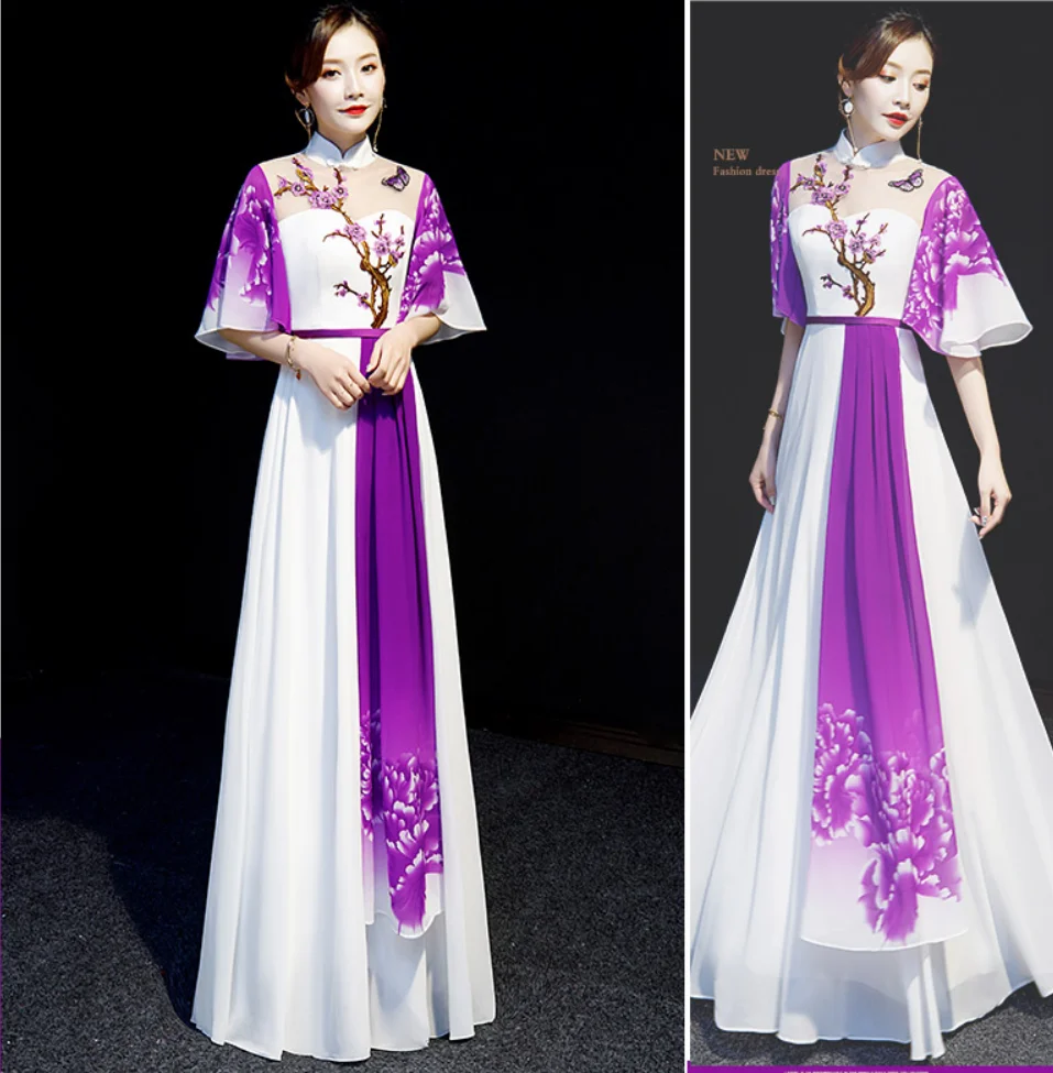 Китайский Улучшенный чёнсам Vestidos женский тонкий Qipao элегантный платок длинное вечернее платье guzheng сценические шоу