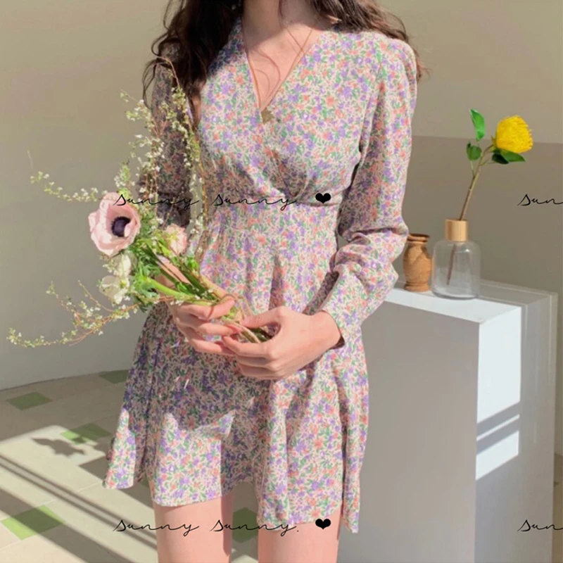 

Vintage Ruffle Full Sleeve Dresses Women Floral Print Elegant Chiffon Lace Up Summer Female Dress Sexy Short Vestidos