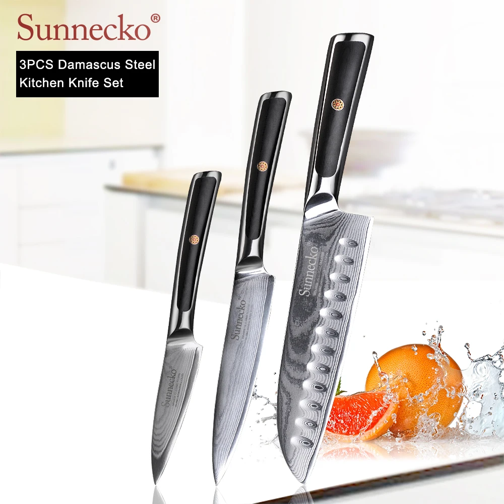 SUNNECKO 3 шт. набор кухонных ножей Santoku ножи для чистки овощей и фруктов японский VG10 Core Дамасская сталь лезвие G10 Ручка мясорубка