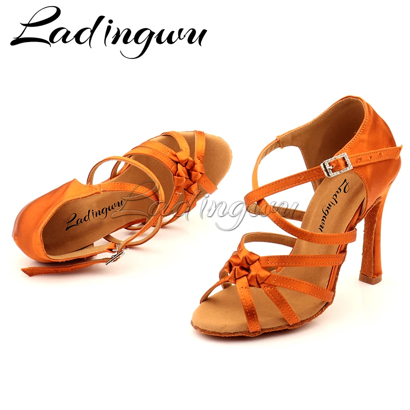 Ladingwu Bronze Silk Satin Latin Dance Shoes Olassic Four-band Knot Salsa Dance Shoes Ballroom Tango Dance Shoes 2