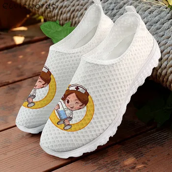 

ELVISWORDS Spring White Sneakers Women Cute Hospital Nurse Pattern Comfortable Mesh Flats Female Summer Running Shoes Slip On