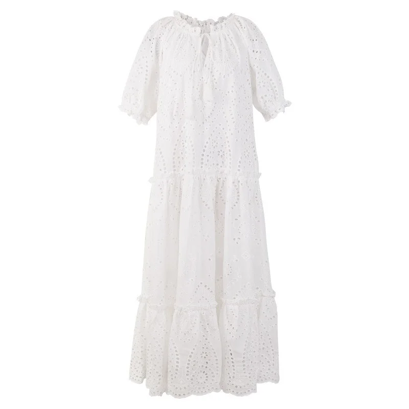 

Женское ажурное платье с вышивкой, платье макси в стиле бохо с V-образным вырезом, пышными рукавами и оборками на подоле, длинное пляжное платье в стиле хиппи