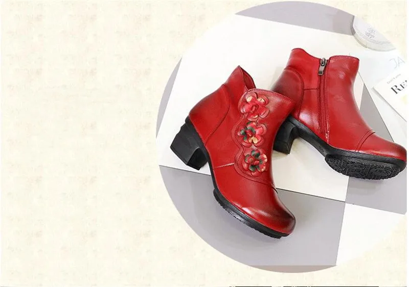 YAERNI Autumn Winter Shoes Woman Cow Leather Flower Shoes Comfort Med Heel Ankle Boots Genuine Leather Fashion Shoes women