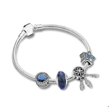 

Original 925 Sterling Silver Blue Bright Star Snake Chain Basic Bracelet Bangle Fit Women Bead Charm Diy Jewelry
