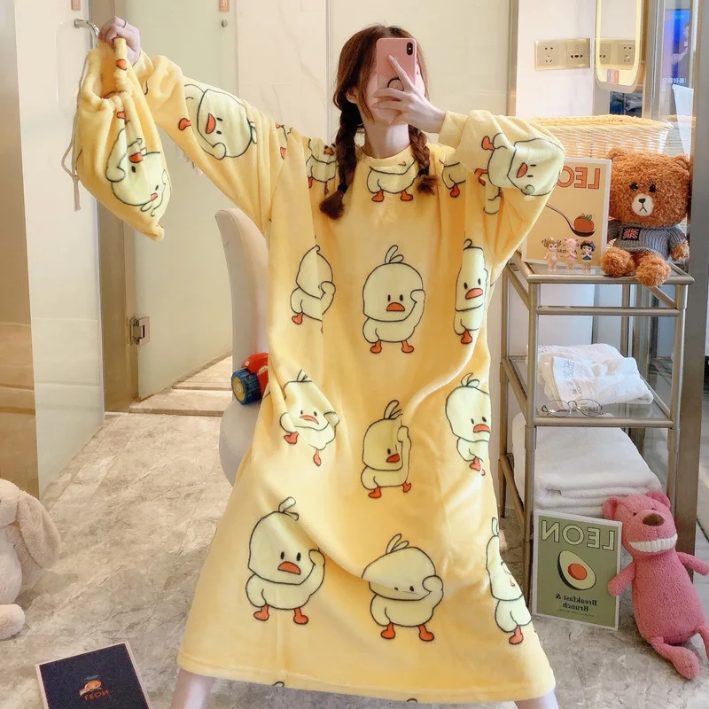 

Plus-sized Cloth Bag Nightgown Women's Autumn & Winter Long Sleeve Cartoon Multi--Flannel Tracksuit Loose-Fit Send Cloth Bag